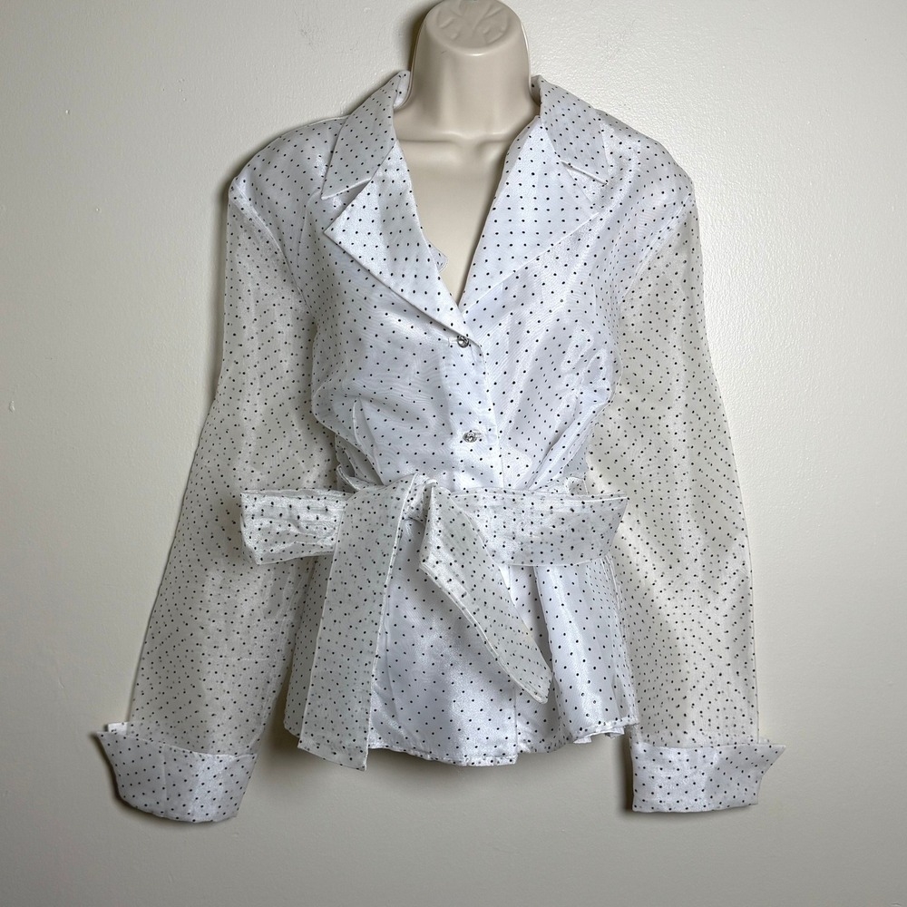 MSK VTG White Polka Dot Sheer Button Up Blouse Rhinestone Buttons Tie Waist XL